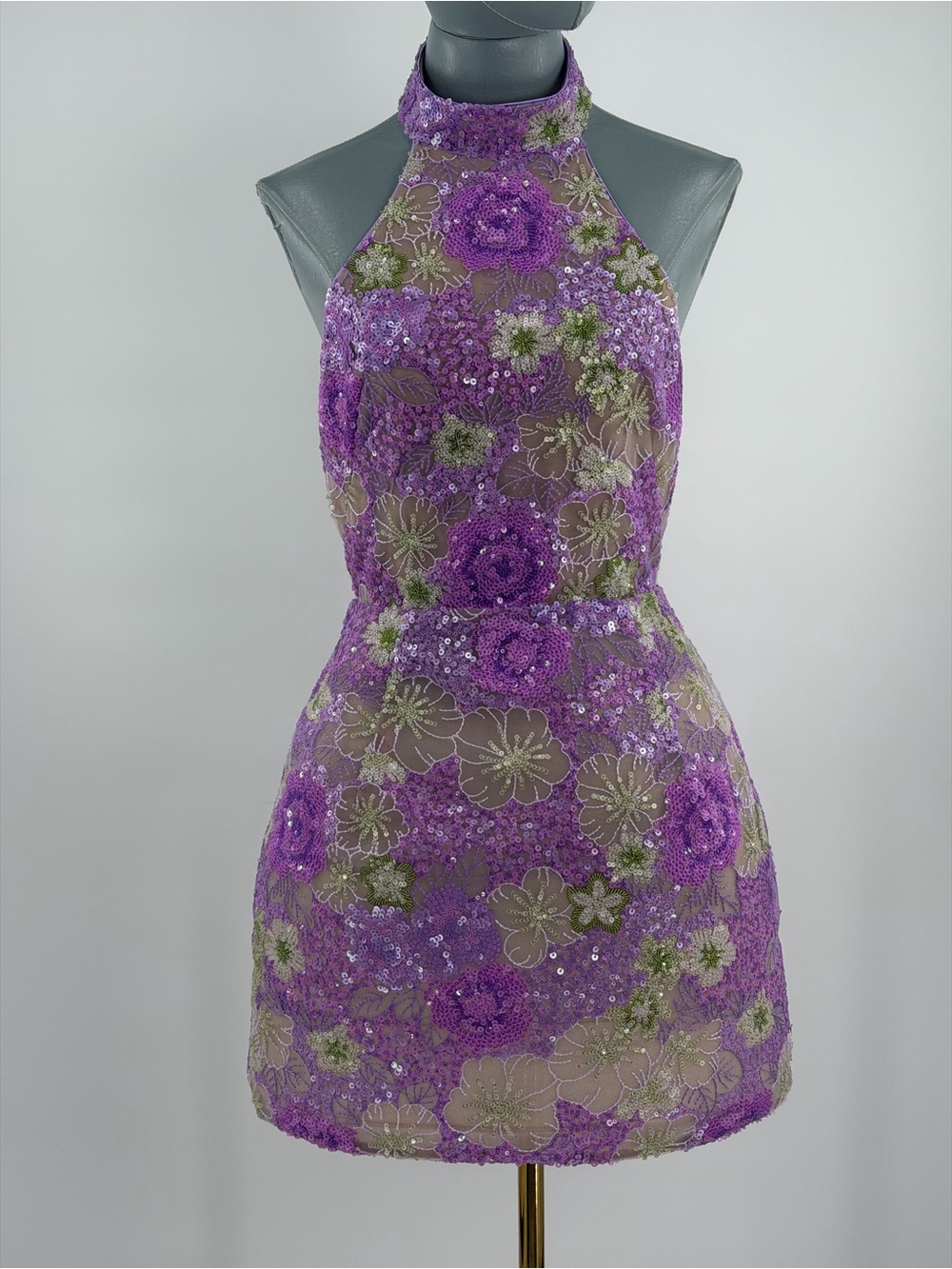 🆕 BRONX & BANCO 🧿 NWOT Deidre Floral Sequin Halter Mini Dress, Lilac Sz S US 4 - Picture 4 of 16
